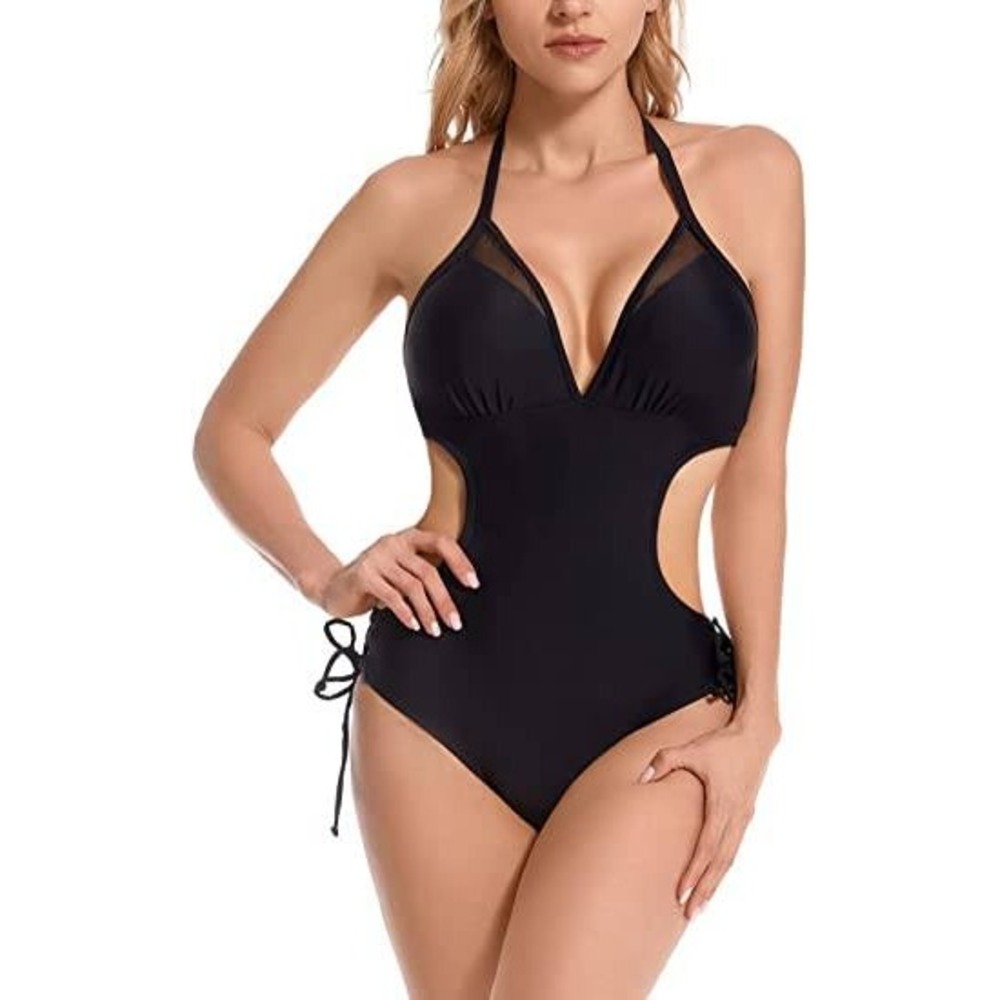 One Piece Swimsuit Women L Black Mesh Cutout Lace Up Monokini Resortwear 887 NWT
